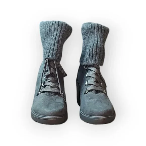 Just Fab Camber Knitted Cuff Lace-Up Booties Gray Caviar Chunky Heeled Size 9 - Picture 8 of 10